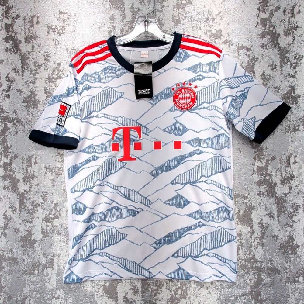 FC Bayern Munchen Soccer Jersey White Blue Mountain Print Men Small NWT